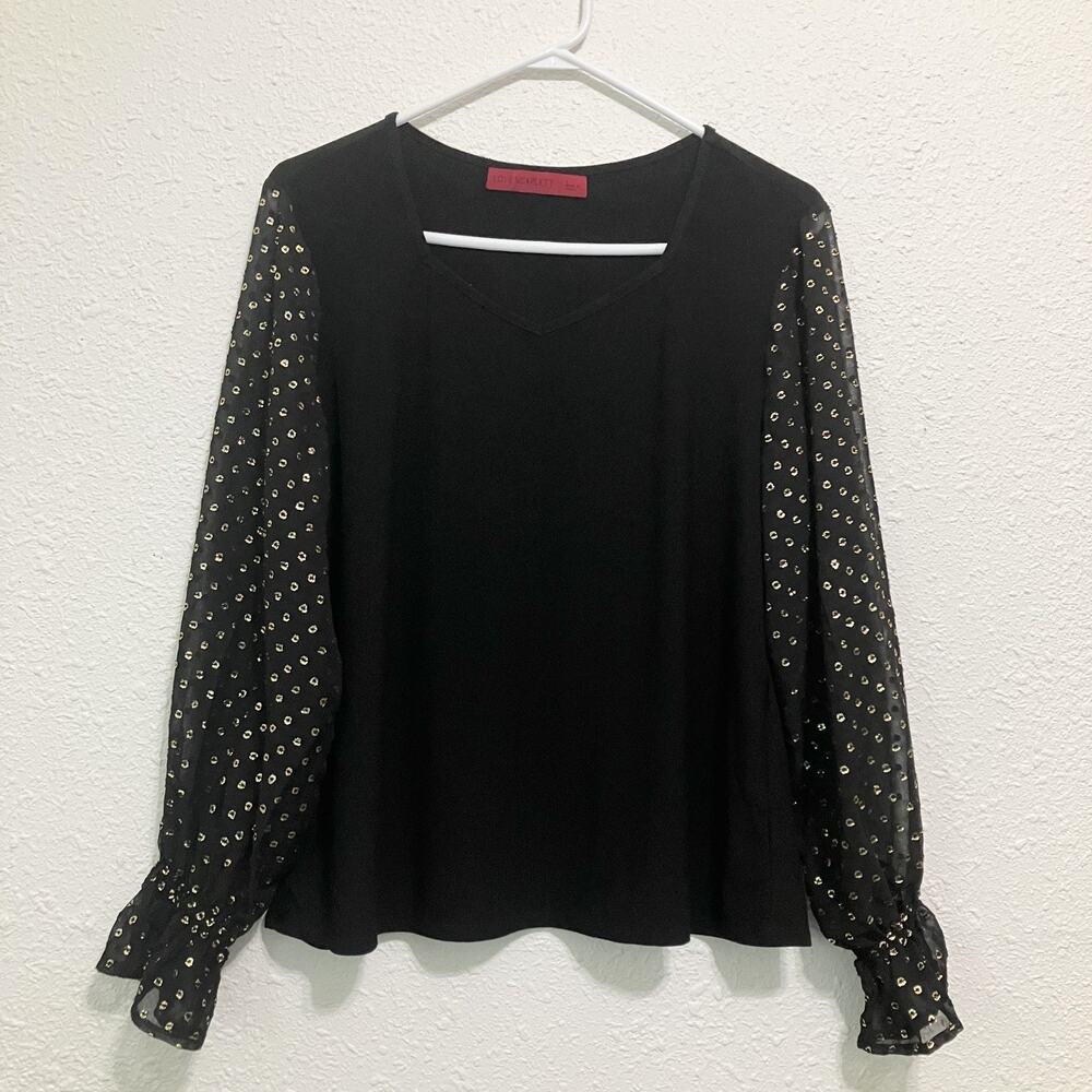 Love Scarlett Black Sheer Sleeve Blouse Gold Glitter Polka Dot Sz L Bling Chic